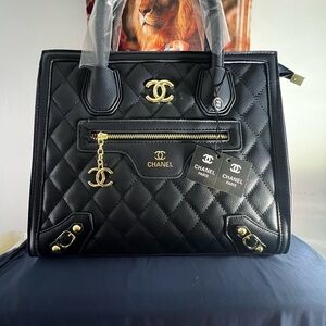 Fashion Bag Black Quilted Leather Satchel with Gold Hardware and CC Charm